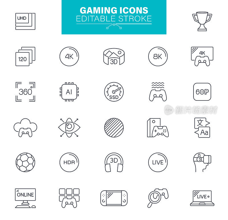 Gaming Icons. Editable Stroke. Contains such icons as Video Game, Mobile Game, Device, Gaming Console, Virtual Reality, Raytracing